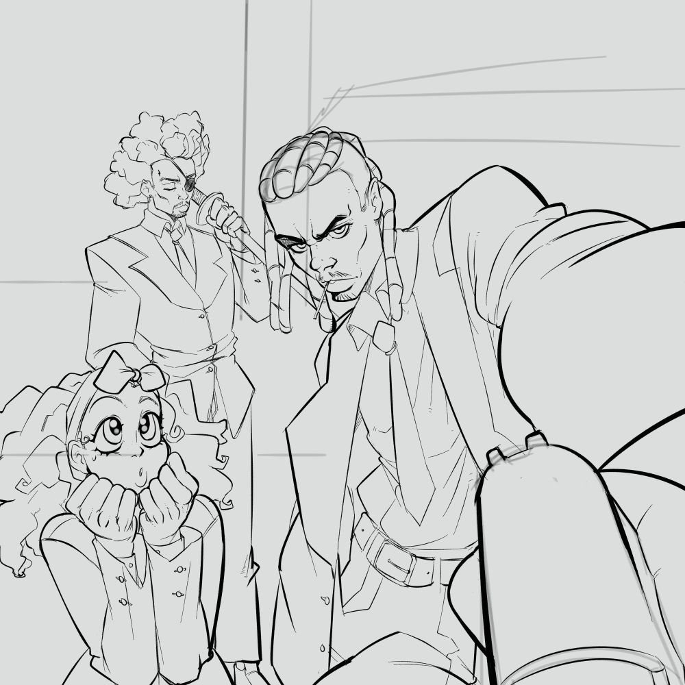 A picture of 3 black government agent characters about to enter a door, with one of them, breaching the door, whilst the other two are waiting besides the door. 