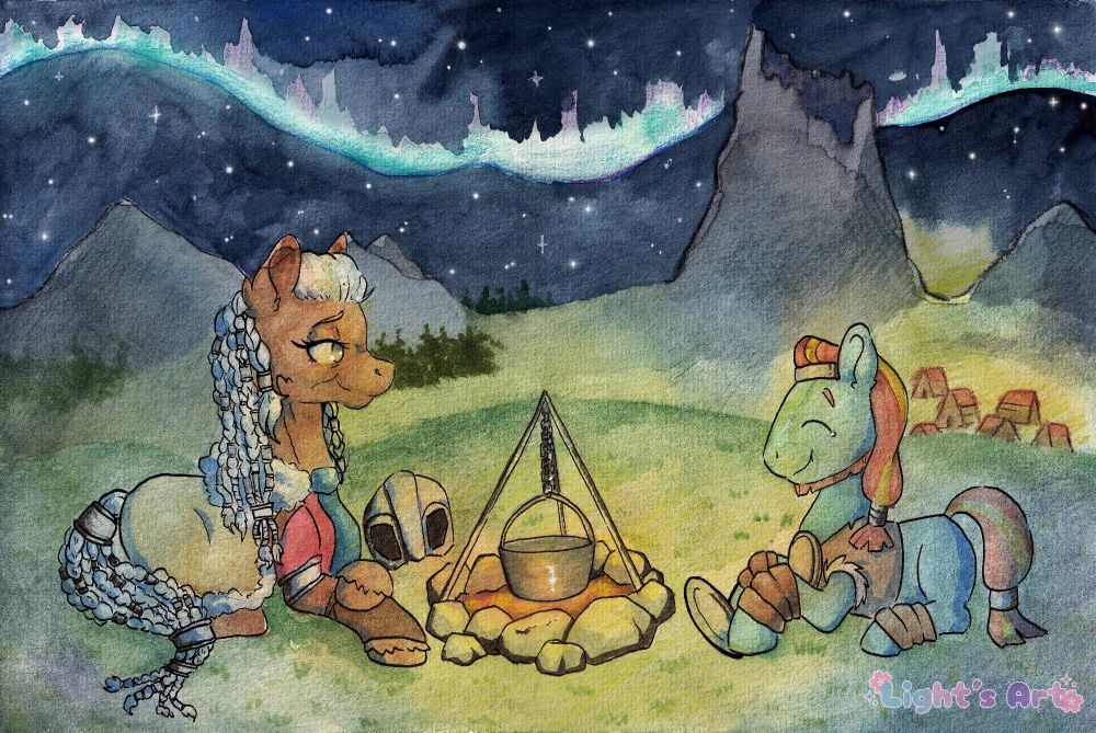 Kriz's oc with young Rockhoof sitting by a campfire with aurora above their heads
