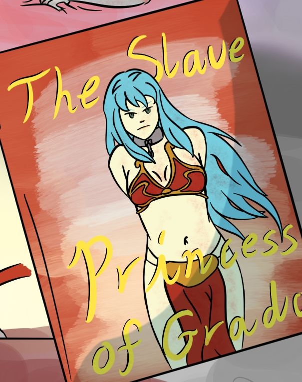 A drawing of a pulpy adult novel titled "The Slave Princess of Grado" and featuring Eirika in the metal slave bikini from Star Wars.