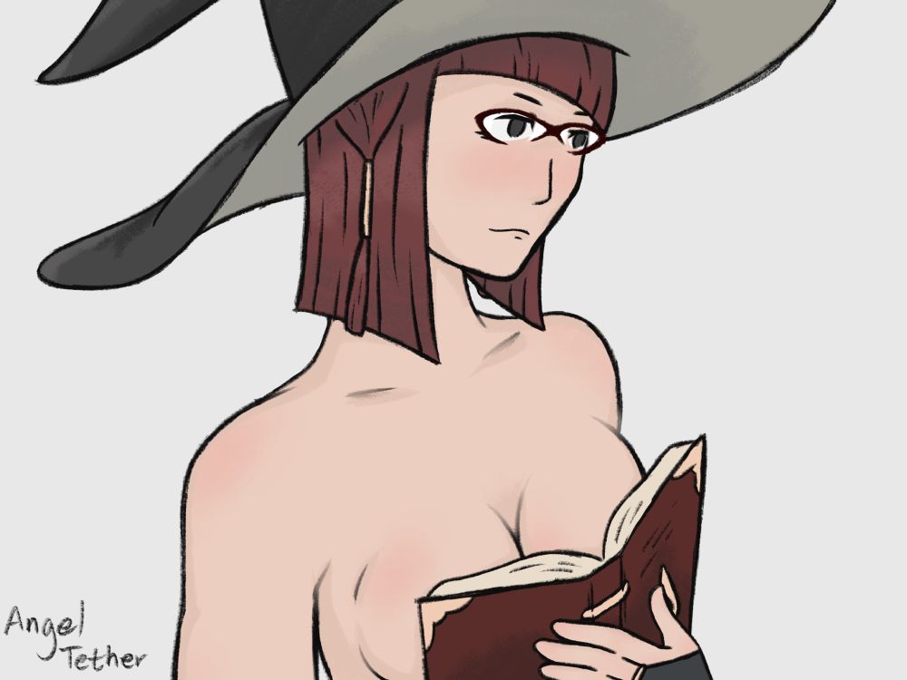 Miriel holding an open tome over her naked breasts