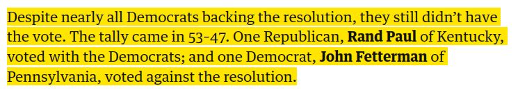 Despite nearly all Democrats backing the resolution, they still didn’t have the vote. The tally came in 53–47. One Republican, Rand Paul of Kentucky, voted with the Democrats; and one Democrat, John Fetterman of Pennsylvania, voted against the resolution.