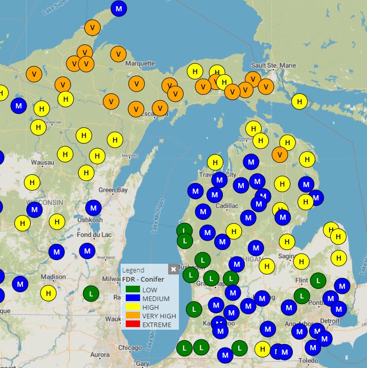 A fire danger map of Michigan showing very high fire danger in the Upper Peninsula. 