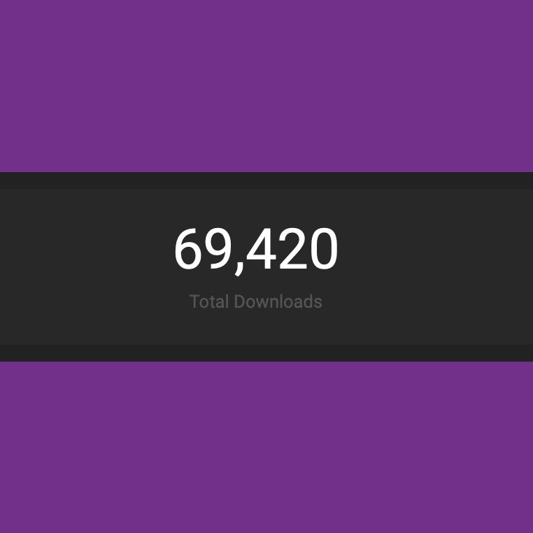 Screenshot of podcast metrics positioned on a purple background. Total downloads is displayed as 69,420