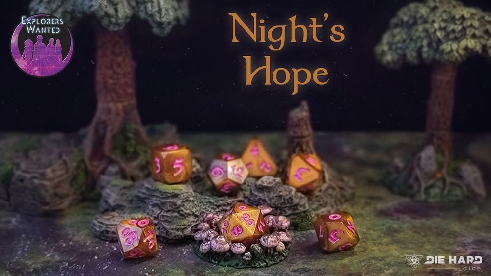 Night's Hope dice set in gold color with pink inking is arranged on a mini terrain of a forest.