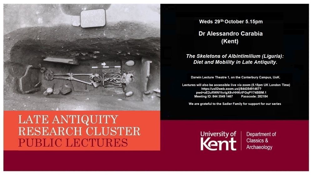Poster for talk of Alessandro Carabia on 29th Oct 5.15pm GMT on Diet and mobility in Late Antiquity, with zoom link