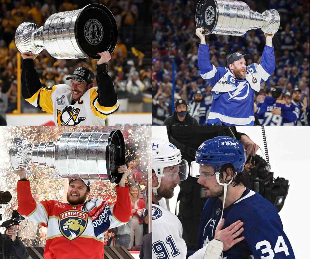 The image is quartered. Clockwise from the top left is Sidney Crosby, Victor Hedman, Auston Matthews, and Aleksander Barkov. Crosby, Hedman, and Barkov are hoisting the Stanley Cup. Matthews is not - instead, he is receiving respect in the handshake line.