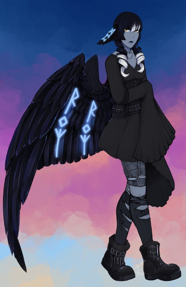 dark haired girl with raven wing ears and on her back, wearing a dark dress and boots!