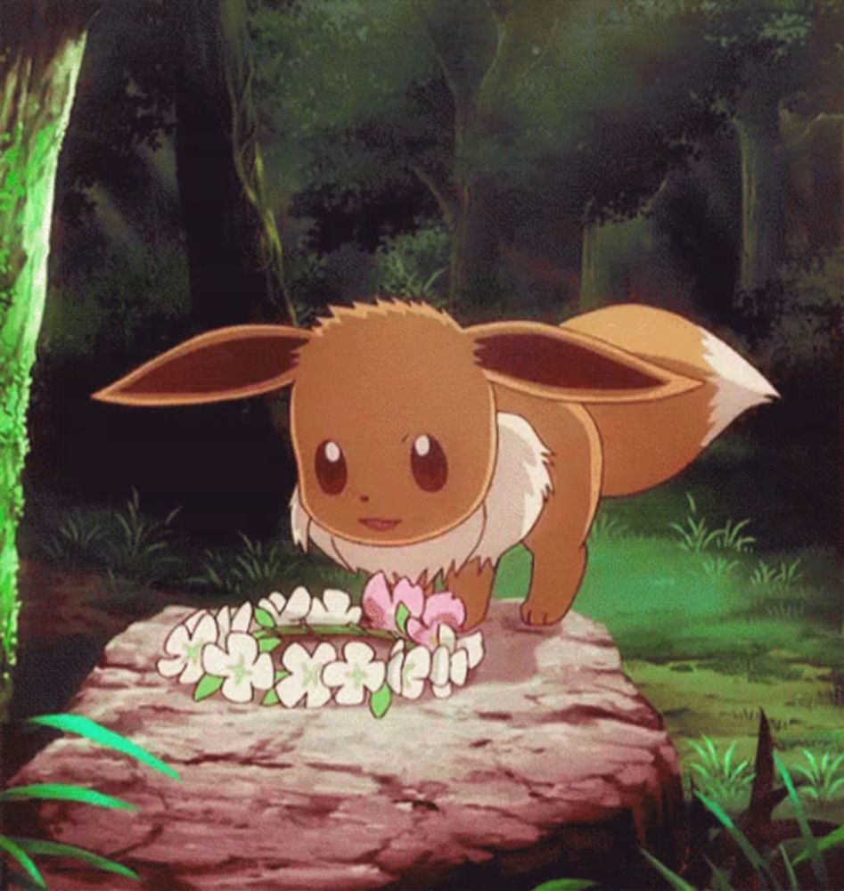 a cartoon eevee is standing on a rock with flowers