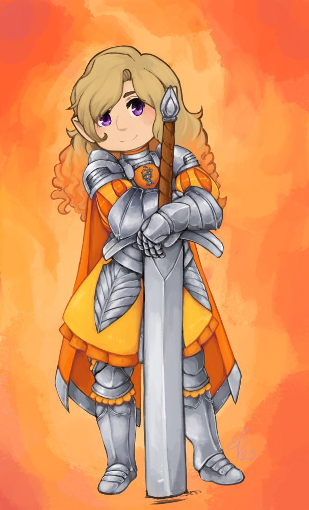 A small knight in silver armor and fiery yellow orange garb. She leans on a greatsword with a small, thoughtful expression. 