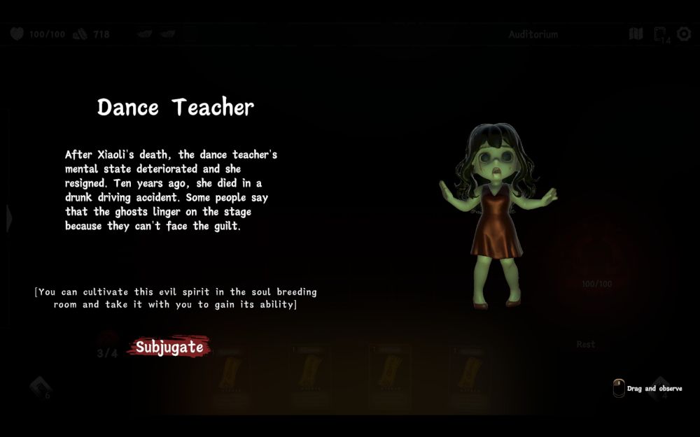 An overview of the Dance Teacher evil spirit. The Dance Teacher is considered a "Dangerous Evil Spirit" which allows for her to be collected after battle. With a brief description of her character there's an informative text bot that says "[You can cultivate this evil spirit in the soul breeding room and take it with you to gain its ability]". Each Evil Spirit comes with an added ability card but also a negative effect for having them equipped.
