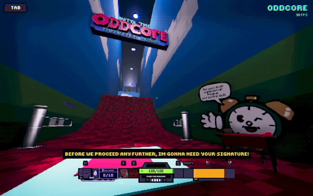 A setting from the tutorial of the game that is a long hallway. A red square design carpet leads up a ramp. Wallpaper on the walls showcase a green field and cloudy skies. A metal entrance gate is pushed open. A sign near the top of the ceiling says "INTO THE ODDCORE THEME PARK RESORT" . There's a clock mascot cutout behind a desk with a speech bubble that is illegible due to a pixel filter. Text above the main game UI says: "Before we proceed any further, I'm gonna need your signature!"