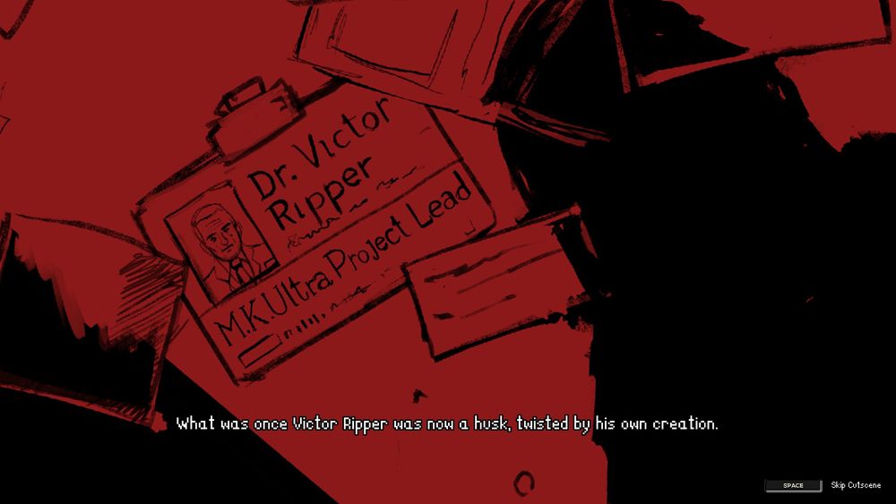 An art piece from a story cutscene. In the piece that's mainly done in red, shadows overlook an ID card belonging to one "Dr. Victor Ripper" who is "M.K.Ultra Project Lead". Voice over subtitles at the bottom read: "What was once Victor Ripper was now a husk, twisted by his own creation."