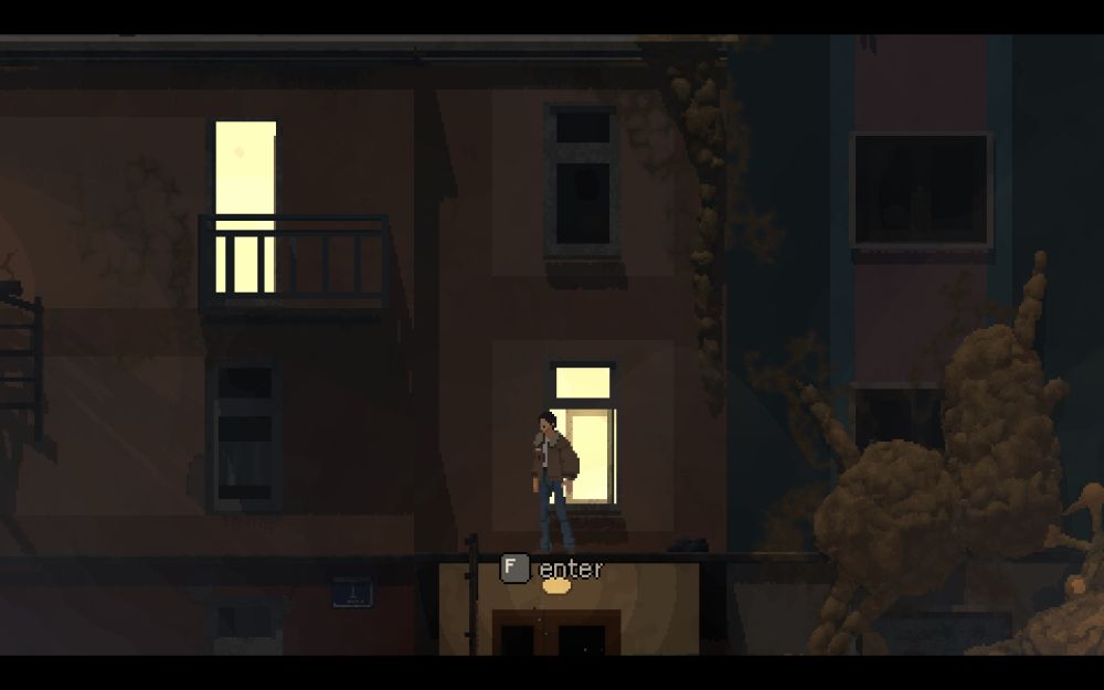 A side-view camera for platforming. In this shot Tomasz, who is minimalist pixel art, stands outside a window on an apartment building. The window is lit a pale yellow. More of the strange yellow growths can be seen on the side of the building. Various other windows are in the shot, most being black. A balcony can be seen in front of another lit window. A prompt of using the "F" key to enter can be seen at the bottom. 