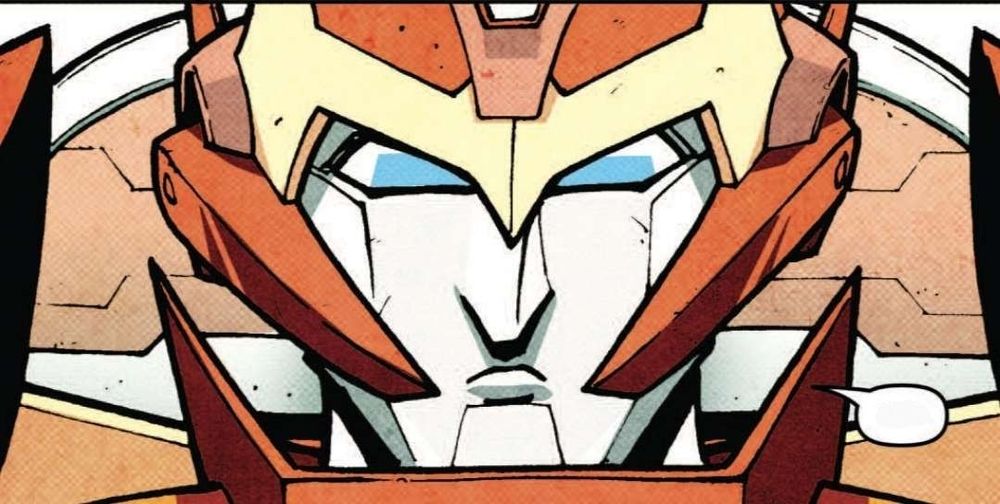 Closeup on Rodimus with a petulant expression on his face and a tiny blank speech bubble 