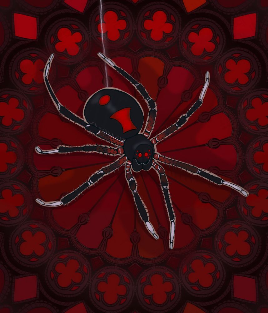 Black widow spider drawing with red Medeival style stained glass background 