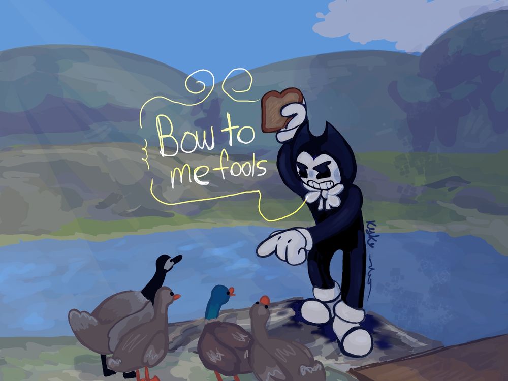 Art of bendy from bendy and the ink machine holding bread above his head. Bendy commands the ducks near him to bow down. 