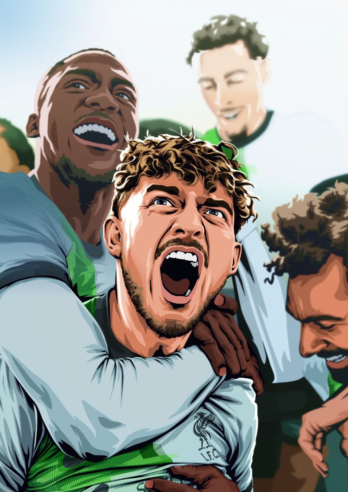 An Illustration of Harvey Elliott surrounded by Konate, Salah and Jones celebrating his last minute winner vs Palace last Season wearing Liverpool's green and white Minecraft kit