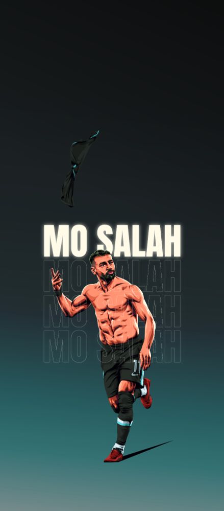 Illustration of Mo Salah, shirt off, celebrating his goal vs Southampton in Liverpool's black and blue away kit - locksreen size