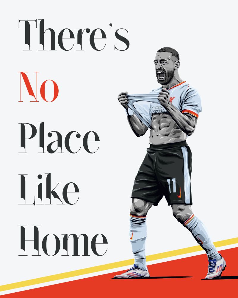 Mo Salah celebrating at Old Trafford with the text "There's no place like home"