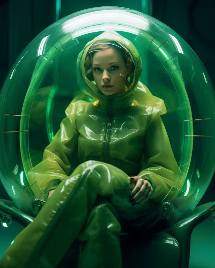 A futuristic pic of a woman wearing a leather me green head to toe slicker sitting with a light green bubble chair 
She is safe from your shit Monday 