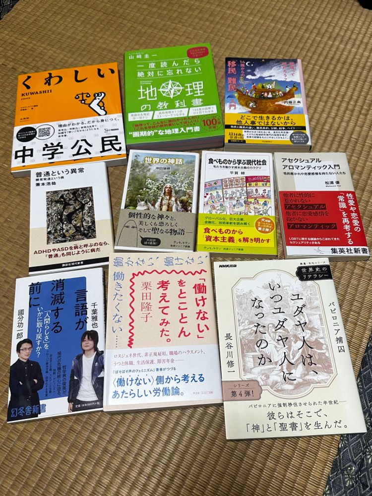 畳の上に並べられた本の写真
・くわしい中学公民
・一度読んだら絶対に忘れない地理の教科書
・国境って何だろう？14歳からの「移民」「難民」
・普通という異常
・世界の神話
・食べものから学ぶ現代社会
・アセクシャルアロマンティック入門
・言語が消滅する前に
・「働けない」をとことん考えてみた。
・ユダヤ人は、いつユダヤ人になったのか