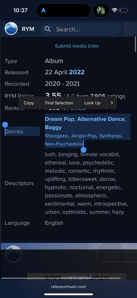 Type	Album
Released	22 April 2022
Recorded	2020 - 2021
RYM Rating	3.55 / 5.0 from 7,905 ratings
Ranked	#162 for 2022
Genres	Dream Pop, Alternative Dance, Baggy
Shoegaze, Jangle Pop, Synthpop, Neo-Psychedelia