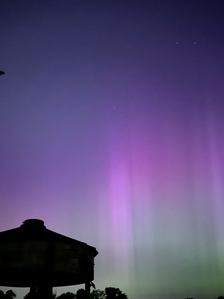 Picture of The Northern Lights taken in rural Missouri on May 10th, 2024. There is a covered patio in the foreground and trees in the distance, with hues of green, purple and horizontal lines of purple and pink. 