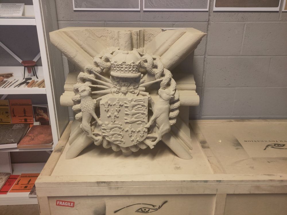 A 3D-printed replica of a boss from the Divinity School ceiling, complete with Tudor rose.