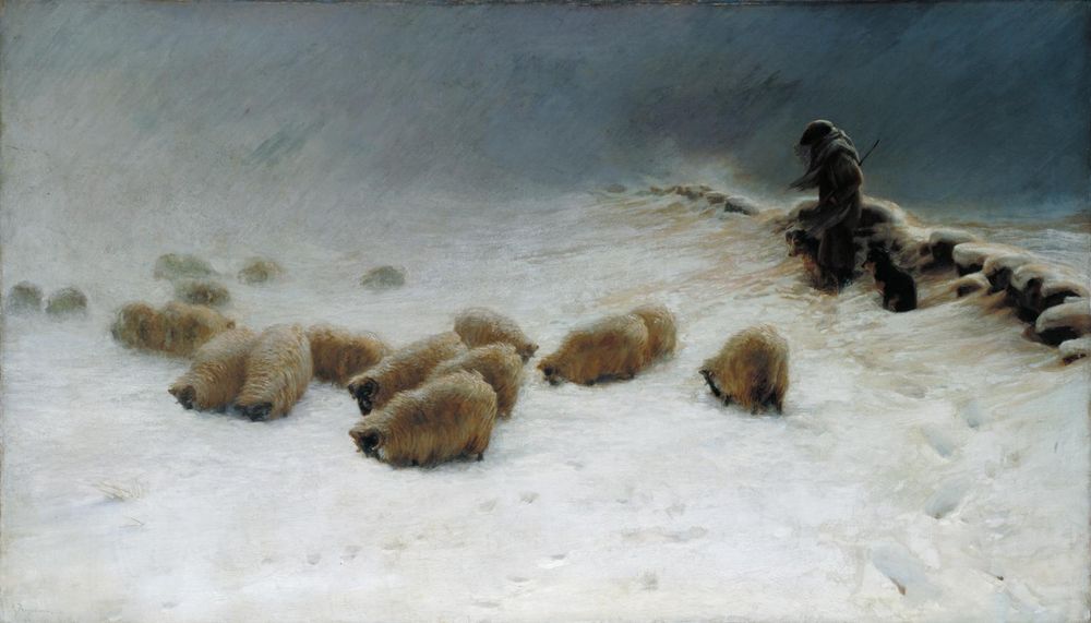 A small herd of black-faced sheep graze an empty Scottish landscape despite its dense blanket of snow, their white coats brown against the blizzard swirling around them. Flanked by his two sheep dogs, a shepherd watches over them, huddled next to a low, snow-covered stone wall. The sky fades from a heavy blue-gray to a complete whiteout as the storm rages.
