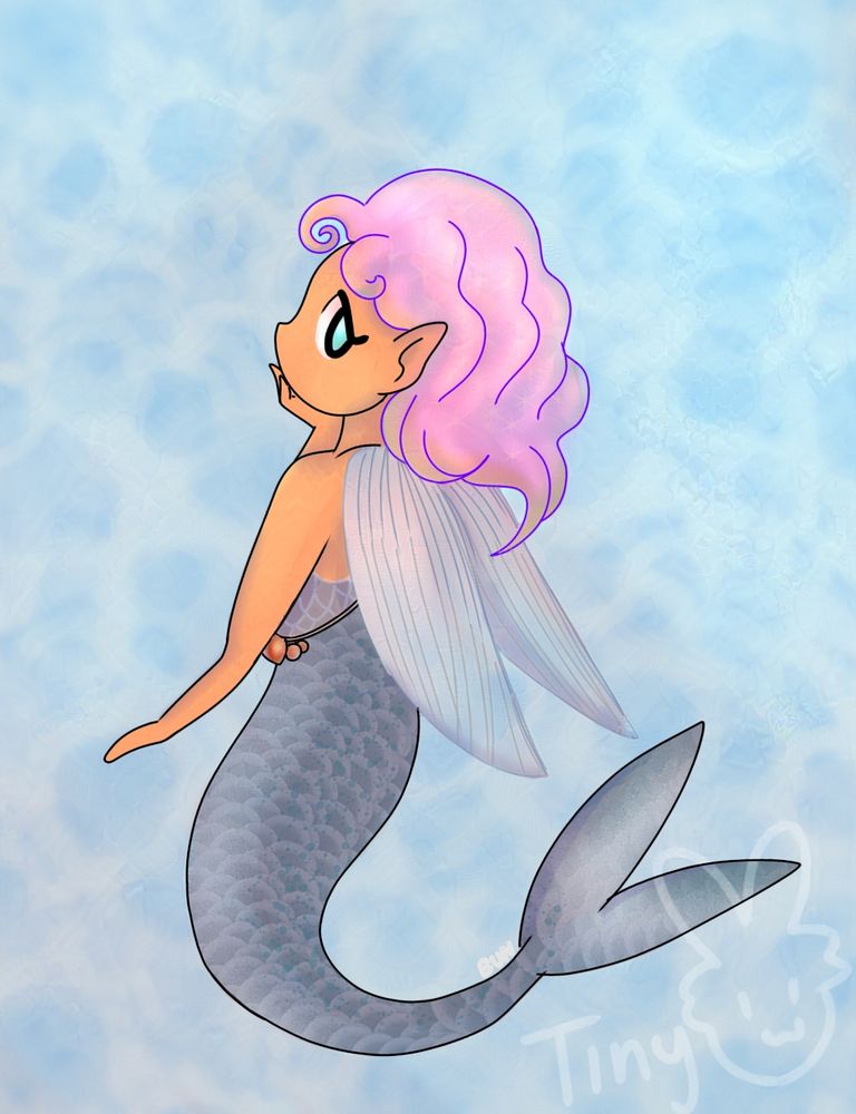 a young mermaid with pink hair and fin-like wings on her back. The scales on her tail shimmer in the light.