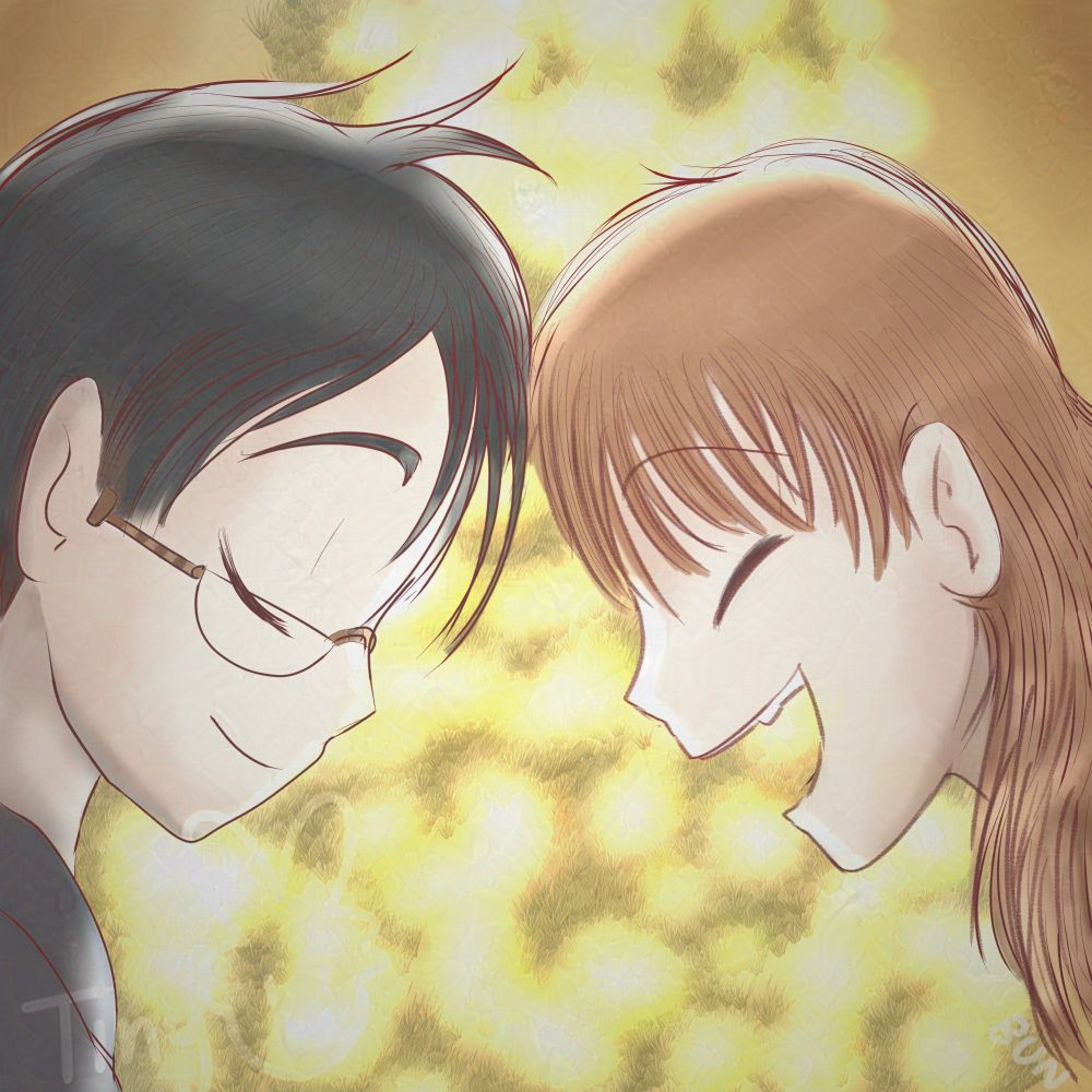 A man with brunette hair and a woman with light brown hair smile together with their eyes closed in front of a tree filled with brightly illuminated Christmas lights. This queerplatonic couple lock their foreheads together in an endearing way, the girl couldn't help but laughing with a open mouth smile.
