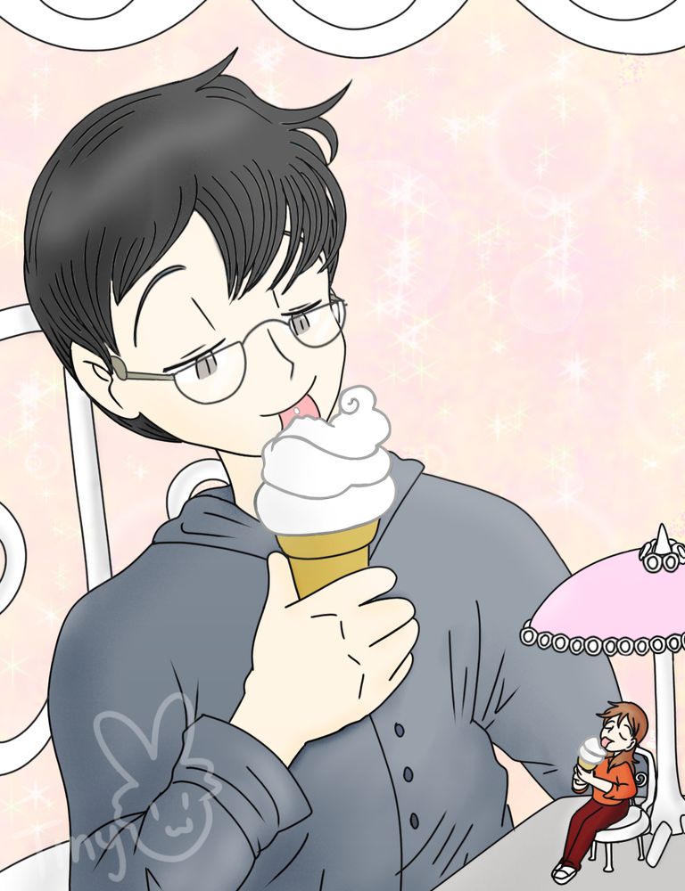 Giant man (Richard) eats a soft swerve while a tiny woman (Jac) eats a tiny ice cream cone on the table next to him. An umbrella on the table provides shade