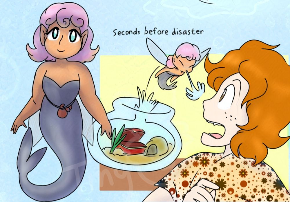 Another pic of the flying fish mermaid with pink hair and a gray fish tail, this time without light reflecting on her scales so she looks duller. Another picture to the right shows her jumping out of a fishbowl to spray a water gun to Aiden's face from her mouth (the giant with orange-reddish hair). 