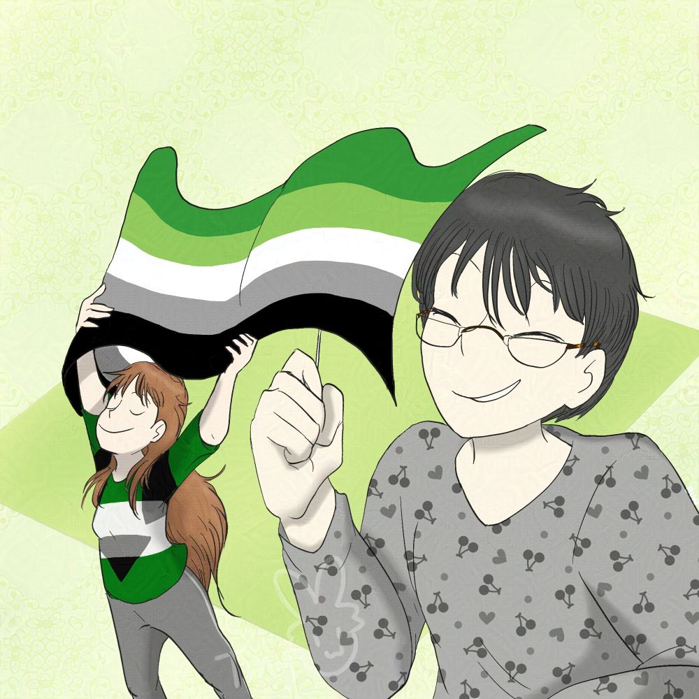 Jac is carrying the aromantic flag over her head, looking proud and empowered. Richard is behind her helping to support her flag. (Fun fact! He's an ally here but is currently questioning his own orientations as well)