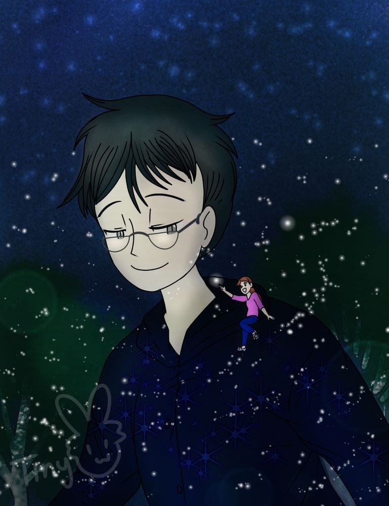 Giant man (Richard) looks down sweetly at the tiny woman (Jac) on his shoulders. They are surrounded by tiny fireflies at night, which Jac reaches out for with a smile on her face.