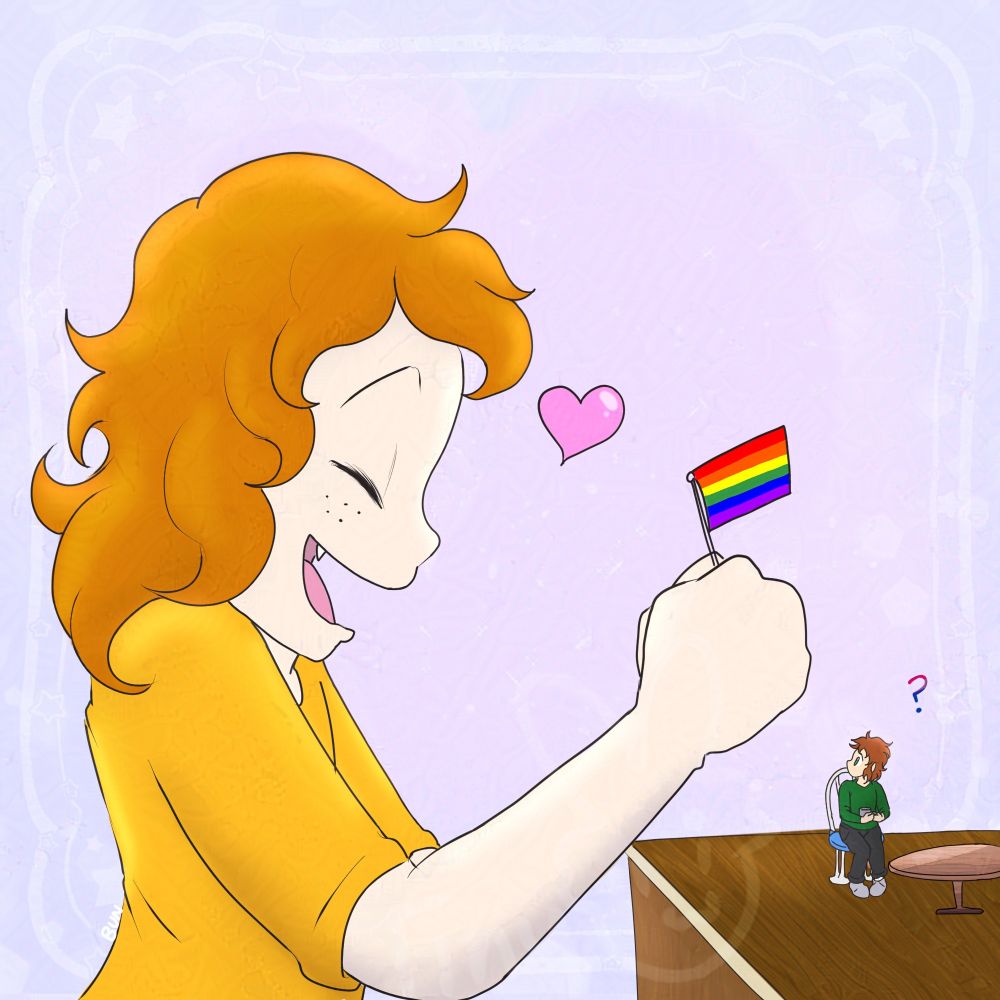 A Wile giant (Aiden) is waving a tiny rainbow flag in front of a tiny man (Dan), who is sitting on a miniature chair on top of a dresser. Dan is looking back at him innocently with a question mark over his head. If you look closer the colors match the bisexual flag.