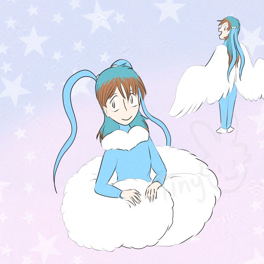 A person wearing a blue onesie resembling the Pokémon altaria. She has cloud like angel wings on her back that wraps around her when sleeping. Two long ears hang down from the back of her head tied in a ponytail. She has a bright smile on her face.
