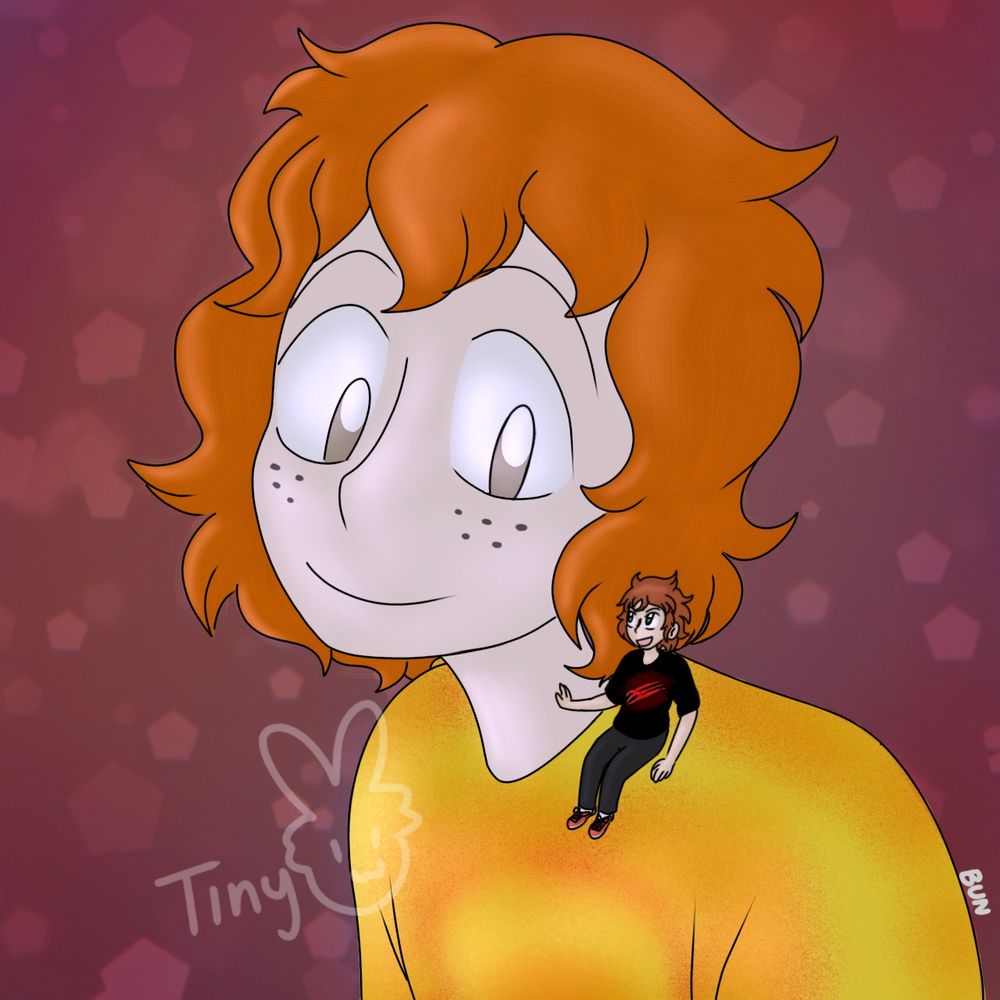 A red headed giant (Aiden) looking down with a smile at a tiny man on his shoulder (Dan). The two are chatting away