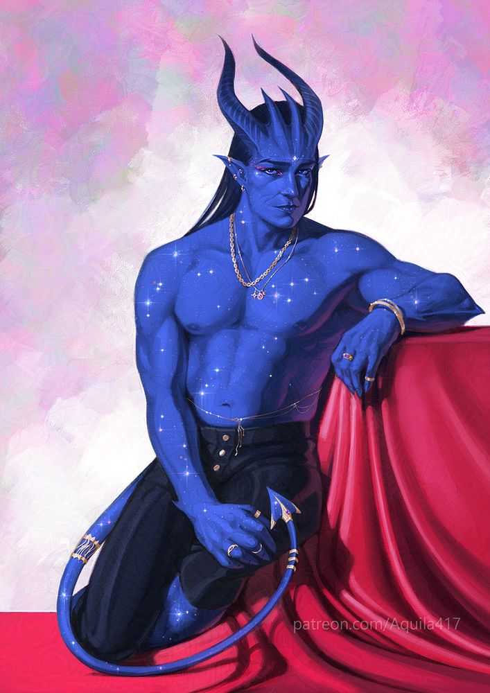An OC demon, deep blue skin, sitting/crouching on a structure covered by a large cherry red piece of cloth. He's wearing black leather pants. He also wears some chains around his neck, numerous earrings and rings, along with some decorative ornament on his tail. The background is a multicolore splash of stains.  