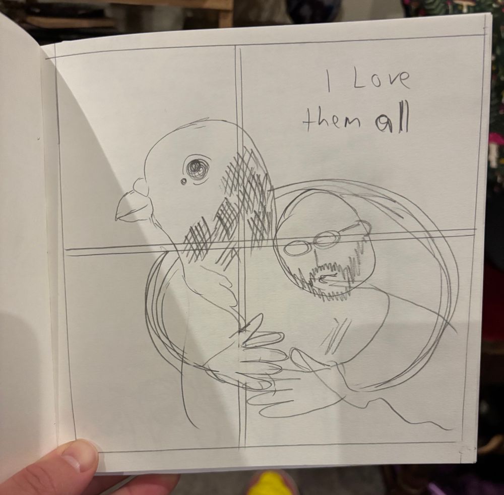 A portrait of the artist hugging a big pigeon