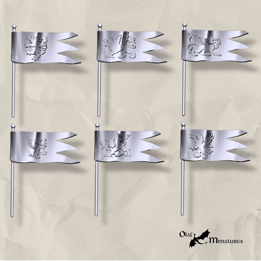 Medieval style banners with Griffons. 3d sculpted bits for wargaming miniatures.