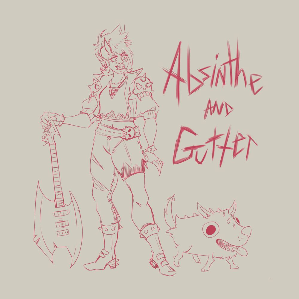 Progress sketch of a dnd character reference. Character is a tiefling with a Mohawk skull pauldrons, an axe guitar, and lots of rips in her clothes. Beside her is weird looking dog? He has spikes and no thoughts behind his eyes.