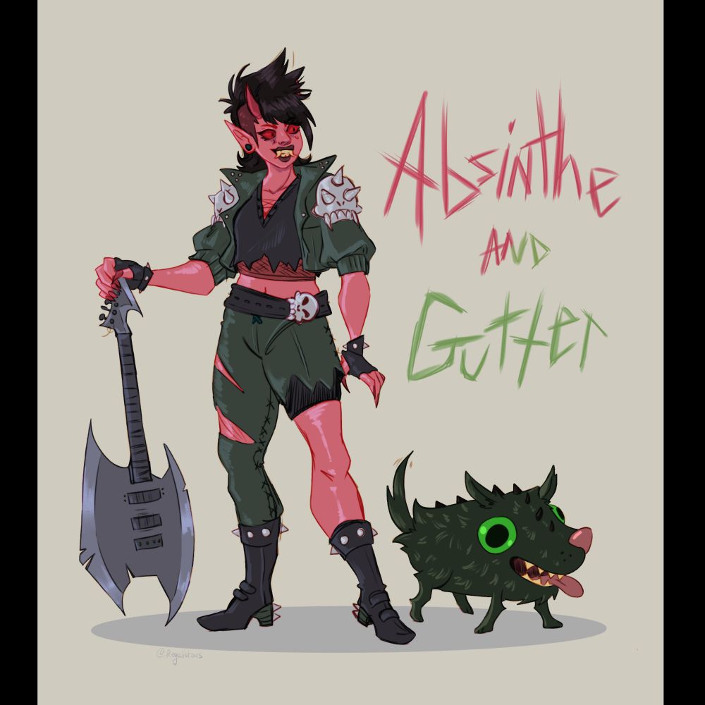 Character reference for Absinthe the Tiefling and Gutter, her weird dog. Absinthe is a pink tiefling with red eyes,  sharp yellow teeth, black mohawk, and shorter dark pink horns. 

She has skull pauldrons on her shoulders, and is holding an axe guitar beside her. 

Her dog? Gutter has dark green fur and bright green eyes. He has spikes from his snout that go down his back. 