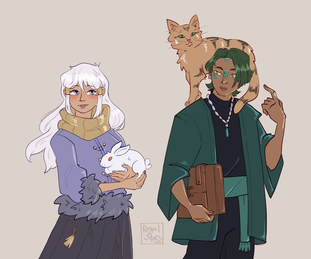 Character designs. First is of a human girl with long white hair and lavender eyes. She has a yellow scarf, light purple jacket and a dark gray skirt with a yellow thread accent. She holds a white bunny in her arms. 

Next is a yuanti boy with tanned skin and bright scales on his nose, forehead, and cheeks. He has green hair and yellow eyes. On his shoulder is a tan cat with green eyes. 