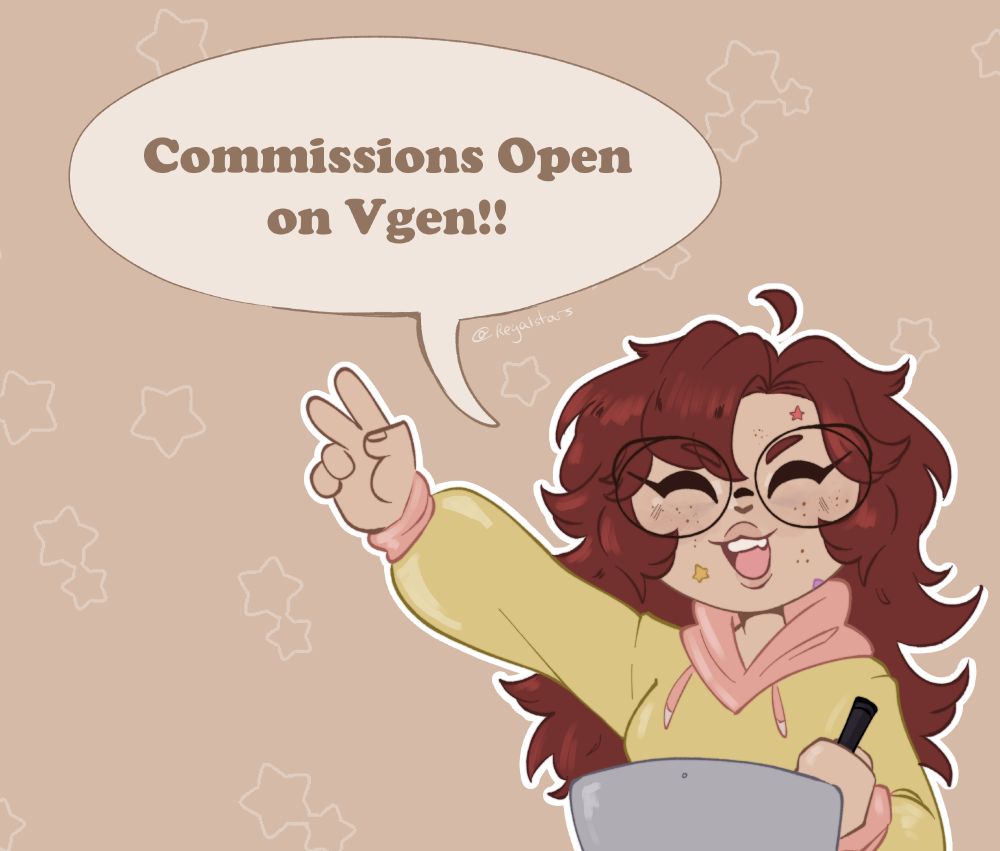 Commission post showing my character, Regal, with long red hair and a yellow and pink hoodie. She is throwing up a peace sign and saying: commissions Open on vgen!