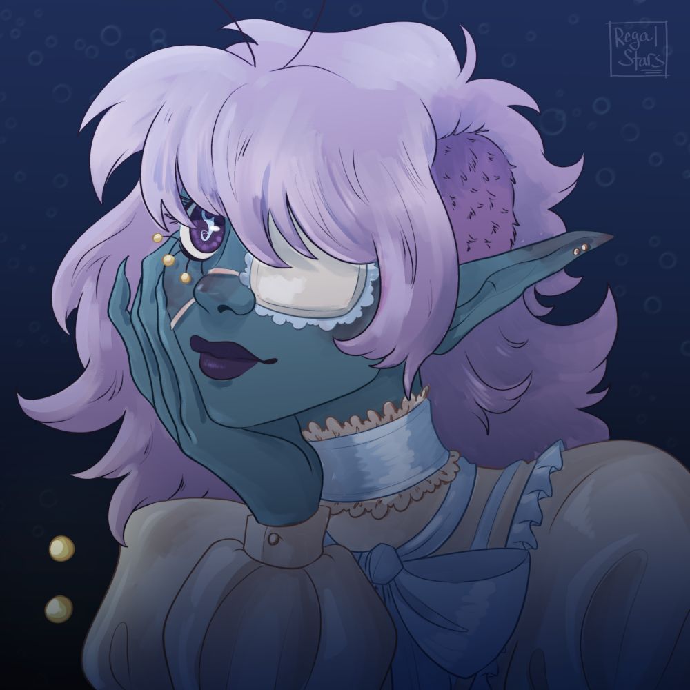 Art fight attack of an alien based of an anglerfish. She has shaved side of her head, long pointy ears, an eye patch, and long fingers. 