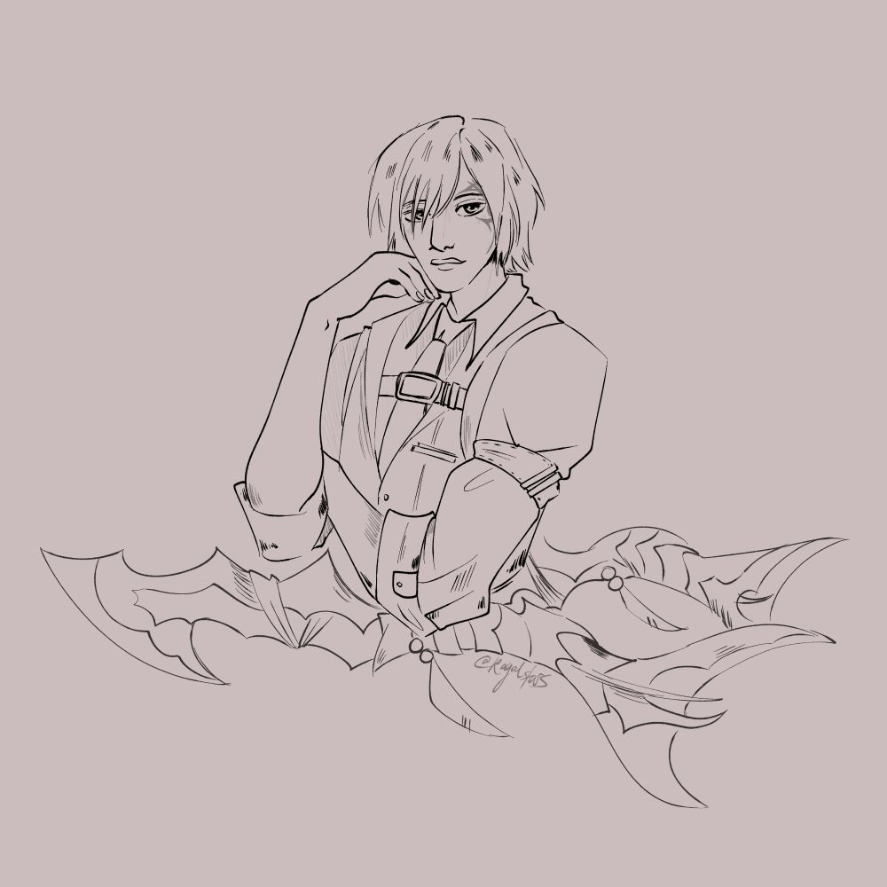 Sketch commission of a final fantasy character. He has straight hair, and a tattoo on his face. He is holding a hand to his cheek. 
