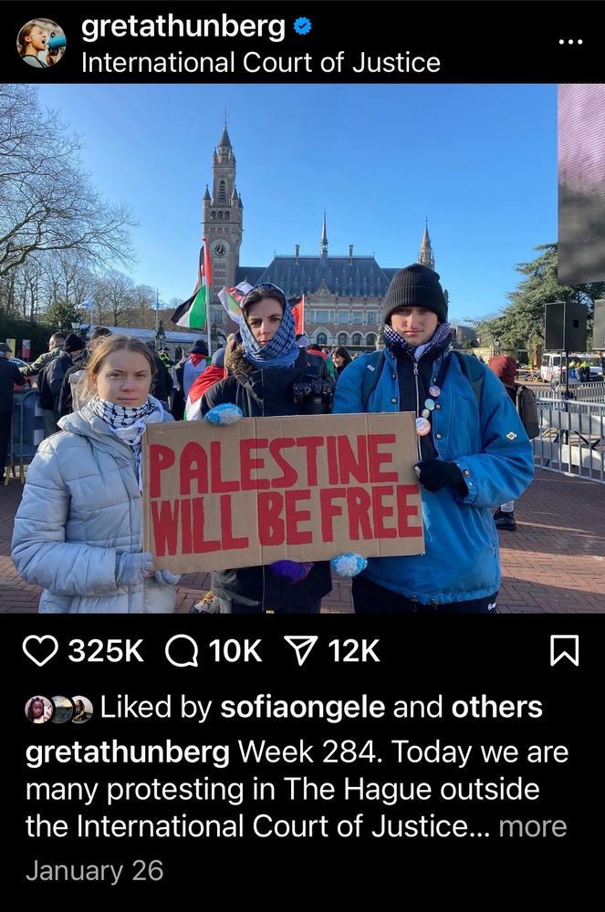 gretathunberg
International Court of Justice
PALESTINE WILL BE FREE
› 325K
Q10K V 12K
2 Liked by sofiaongele and others gretathunberg Week 284. Today we are many protesting in The Hague outside the International Court of Justice... more
