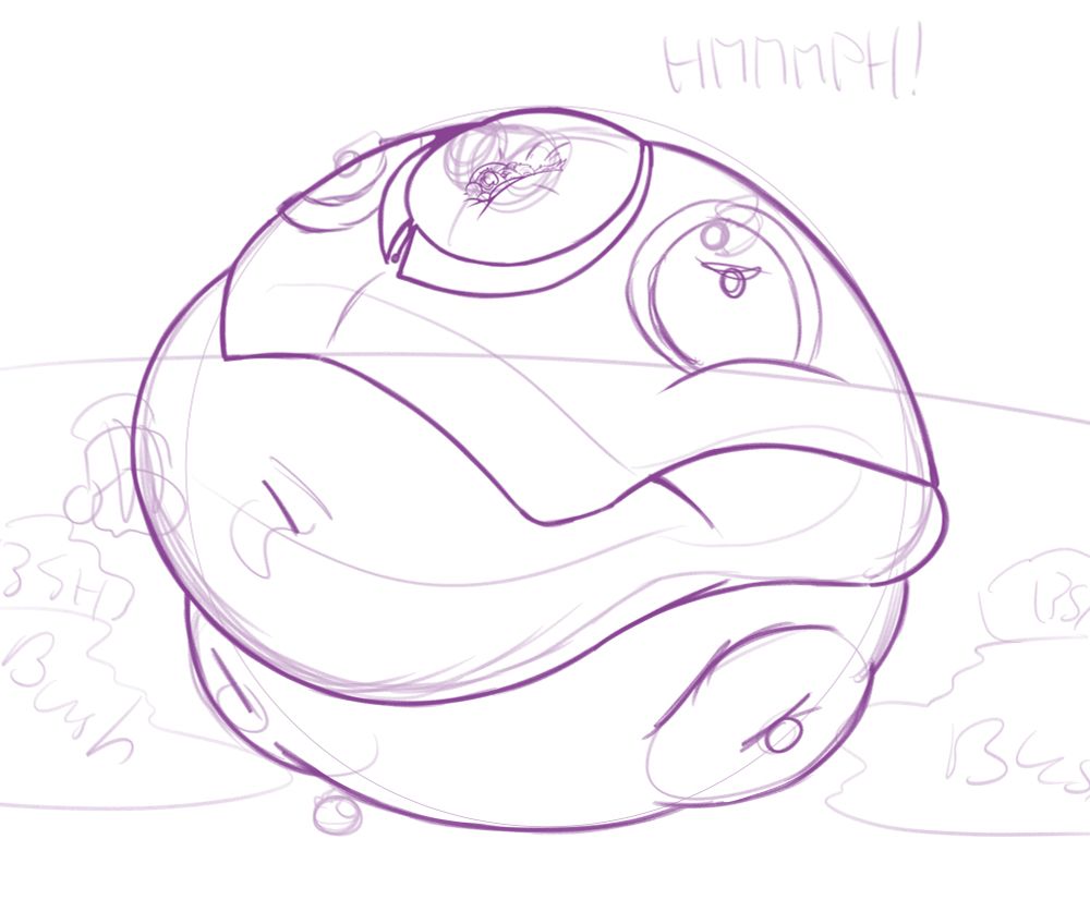 Lenny (being used as the YCH) blown up into a giant version of the Yellow Crispberry from the game “Peak.” He’s very full of juice and on the verge of exploding, he’s letting out a muffled shout as his head is sinking into his body!