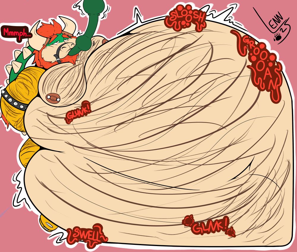 Bowser from the Super Mario Bros games, massively fattened, his gut is taking up a majority of the space in this piece, he has a hose in his maw, his maw is strapped shut, his gut is very noisy!
